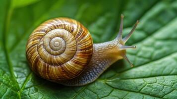 Close-up view of a snail on a vibrant leaf. photo