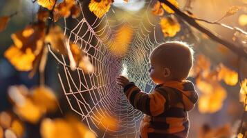 Autumnal child exploring a delicate spiderweb. photo
