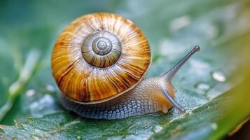 Close-up view of a snail on a wet leaf. photo