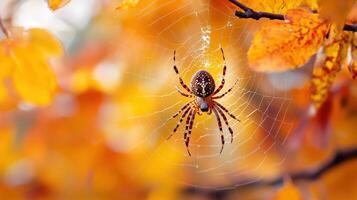 Ornate spider centered in autumnal foliage. photo