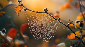 A delicate spiderweb shimmering with morning dew. photo