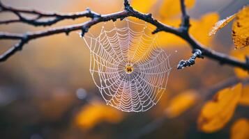 Delicate spiderweb with morning dew captured in autumn. photo