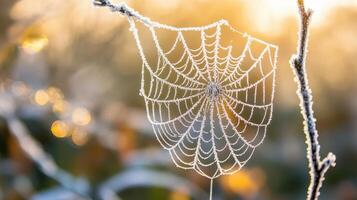 Frosted spiderweb hanging from branch at dawn. photo