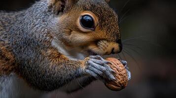 Close-up view of a gray squirrel eating a nut. photo