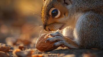 A squirrel eating a nut on the ground photo