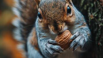 Close-up of a gray squirrel eating a nut. photo