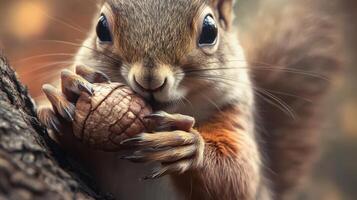 Close-up of a red squirrel consuming a nut. photo