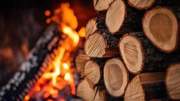 Close-up view of stacked firewood near a roaring fire. photo