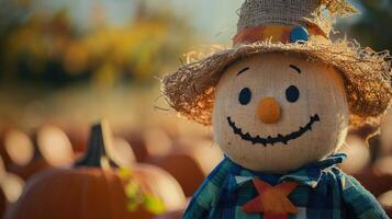 Smiling scarecrow among autumn pumpkins. photo
