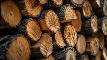 A pile of logs stacked up against a wall photo