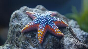 Colorful starfish resting on a rough rock surface. photo