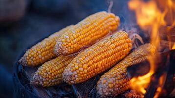 Roasted corn cobs over an open fire. photo