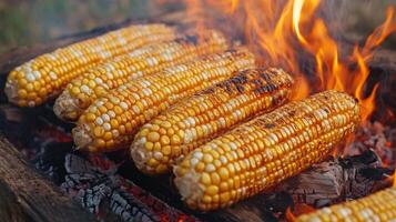 Grilled corn cobs roasting over hot coals. photo