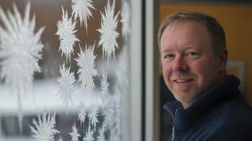Man stands before a window adorned with intricate frost patterns. photo