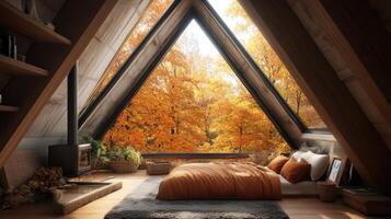 Cozy autumnal attic bedroom with fall foliage view. photo