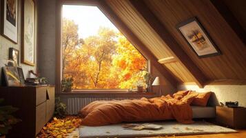 Warm autumnal bedroom with a view of fall foliage. photo
