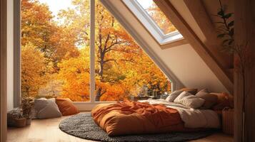 Autumnal ambiance inside a cozy attic bedroom. photo