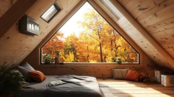 Cozy attic bedroom with autumnal view. photo