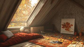 Autumnal attic room, inviting and cozy. photo