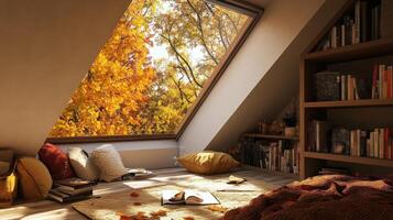 Autumnal reading nook with a panoramic view. photo