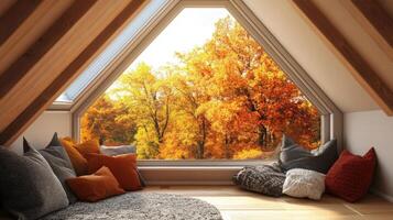 An attic room with a window looking out on a fall landscape photo