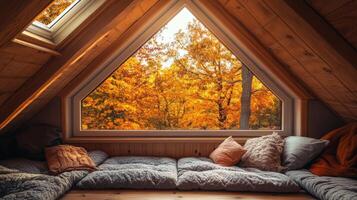 Cozy autumnal loft space with a triangular window. photo