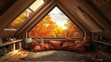 Cozy autumnal attic room with a view. photo