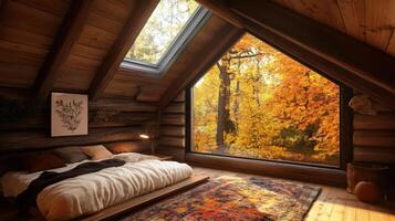 Autumnal cabin bedroom with large window view. photo