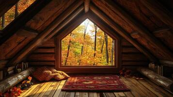 Autumnal cabin loft, rustic interior, autumnal window view. photo