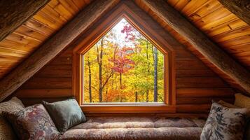 Rustic wooden attic window seat overlooking autumn foliage. photo