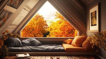 Autumnal loft bedroom with a view of golden foliage. photo