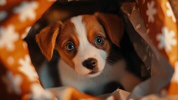 Close-up view of a small puppy nestled in a cozy blanket. photo