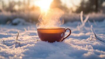 Winter scene with a steaming cup of hot beverage. photo