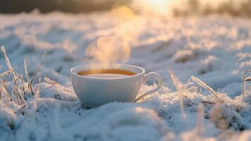 Snowy landscape featuring steaming cup of tea. photo