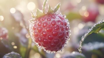 Frozen raspberry covered in frost on a sunny morning. photo