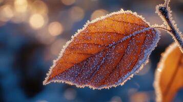 Autumn leaf covered in frost at sunrise. photo