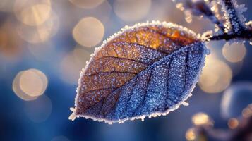 Frozen autumn leaf illuminated by soft sunlight. photo