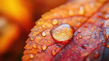 Close-up view of a dewdrop on autumn leaf. photo