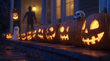 Halloween porch decorations illuminated at night. photo