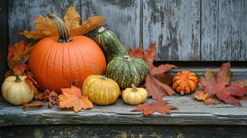Autumnal gourds and leaves on weathered wood. photo
