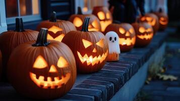 Illuminated carved pumpkins line a brick porch at dusk. photo