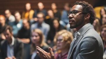 A focused speaker at a large conference event. photo