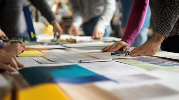 Collaborative work session over documents on a table. photo