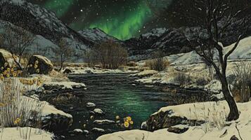 Snowy mountain valley scene under a vibrant aurora. photo