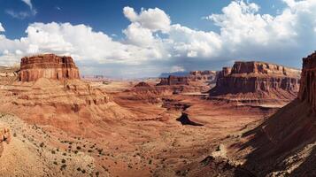 Expansive desert landscape panorama under a dramatic sky. photo