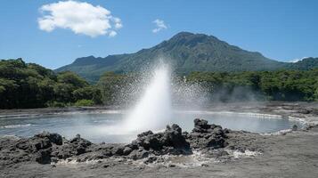 Volcanic hot spring erupting in a lush natural setting. photo