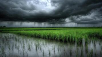 Dramatic sky over a flooded rice paddy field. photo