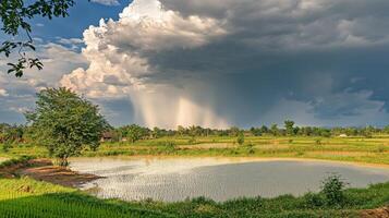Stormy clouds over a tranquil rural pond. photo