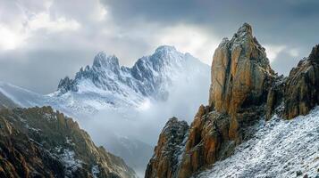 Dramatic mountain range scene under stormy skies. photo
