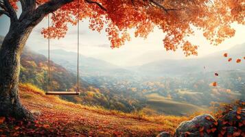 Autumnal vista with wooden swing and falling leaves. photo